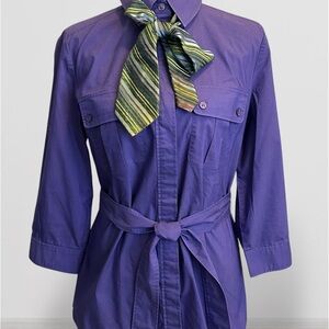 New York & Company Purple Button Down Blouse With Belt Size S